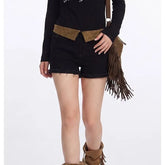 High Waist Color-Block Fringe Shorts