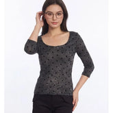 Elbow Sleeve Scoop Neck Polka Dot Slim-Fit T-Shirt