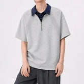 Short-Sleeve Contrast Collar Half-Zip Polo Shirt
