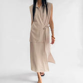 Sleeveless Henley Plain Asymmetrical Midi Shirt Dress