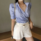 Puff-Sleeve V-Neck Striped Shirt