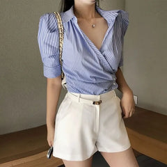 Puff-Sleeve V-Neck Striped Shirt