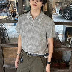 Short-Sleeve Contrast Stitching Ribbed Polo Shirt