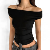 Short-Sleeve Off Shoulder Plain Crop T-Shirt