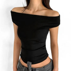 Short-Sleeve Off Shoulder Plain Crop T-Shirt