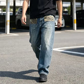 Washed Camouflage-Panel Straight-Cut Jeans