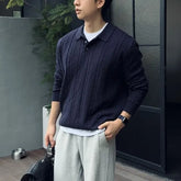 Long-Sleeve Cable Knit Plain Polo Shirt