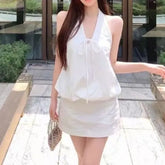 Set: Sleeveless V-Neck Plain Top + Mini Skirt