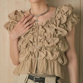 Short-Sleeve Scoop Neck Plain Ruched Blouse