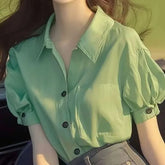 Puff Short-Sleeve Collared Plain Button Up Blouse