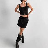 Set: Sleeveless Square Neck Plain Crop Top + Elastic Waist Plain Mini A-Line Skirt
