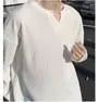 Long-Sleeve Notch Neck Plain Ribbed T-Shirt