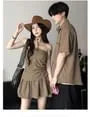 Couple Matching Short-Sleeve Collared Plain Shirt / Ruched Tube Top / High Waist Mini A-Line Skirt / Set