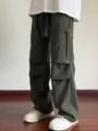 Drawstring Waist Plain Corduroy Straight Leg Cargo Pants