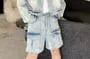 Set: Collared Washed Button-Up Denim Crop Jacket + Mid Rise Detachable Wide Leg Cargo Jeans