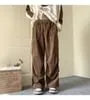 Mid Rise Plain Corduroy Wide Leg Cargo Pants