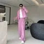 Set: Round Neck Tweed Open Front Jacket + Mid Rise Straight Leg Pants