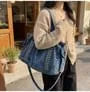 Studded Flap Pocket Washed Denim Crossbody Tote Bag