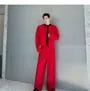 Set: Round Neck Plain Open Front Jacket + Mid Rise Wide Leg Dress Pants
