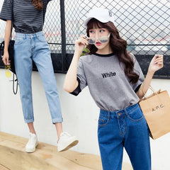 High-Waist Washed Straight Leg Jeans
