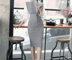 Balloon-Sleeve Blouse / Sleeveless Sheath Dress