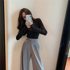 High Waist Plain Loose-Fit Wide-Leg Dress Pants