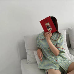 Pajama Set: Short-Sleeve Gingham Shirt + Shorts