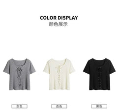 Short-Sleeve U-Neck Tie-Accent
 Knit Top