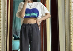 High-Waist Drawstring Plain Straight-Leg Pants