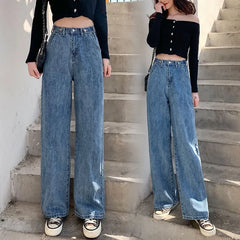 High-Waist Washed Loose Fit Jeans (unopened button holes)