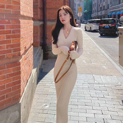 Long-Sleeve Ribbed Knit Midi Sheath Dress