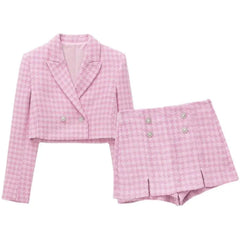 Double Breasted Houndstooth Blazer / Mid Rise Skort