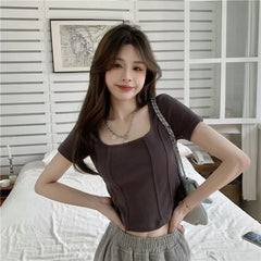 Short-Sleeve Square Neck Slim Fit Cropped T-Shirt