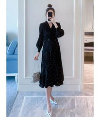 Maternity Puff-Sleeve V-Neck Dotted Midi A-Line Dress