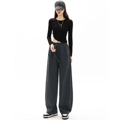 Mid-Waist Drawstring Pocketed Wide-Leg Plain Sweatpants