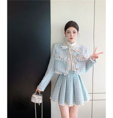 Set: Tweed Tassel Trim Button-Up Jacket + High Rise Pleated Mini A-Line Skirt