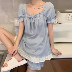 Pajama Set: Short-Sleeve Square Neck Lace Trim Top + Shorts