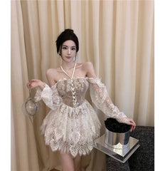 Long-Sleeve Halter Lace Mini A-Line Corset Dress