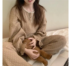 Pajama Set: Long-Sleeve Dotted Top + Pants