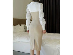 Mock Two-Piece Long-Sleeve Double-Breasted Midi Bodycon Dress