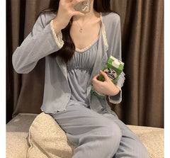 Pajama Set: Plain Contrast Trim Camisole Top + Light Jacket + Pants