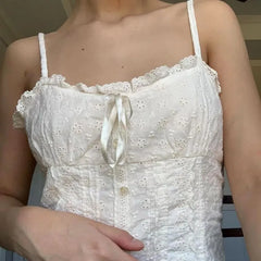 Embroidered Ribbon Plain Lace Slim-Fit Camisole Top