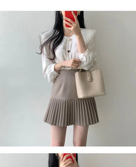 Long-Sleeve Layered Collar Plain Heart Button Blouse / High Waist Plain Accordion Pleated Mini A-Line Skirt