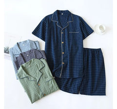 Couple Matching Pajama Set: Short-Sleeve Collared Plaid Top + Elastic Waist Shorts