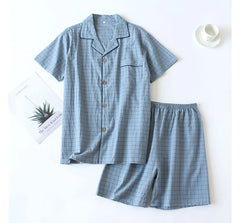 Couple Matching Pajama Set: Short-Sleeve Collared Plaid Top + Elastic Waist Shorts