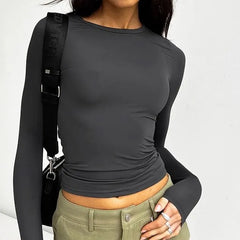 Long-Sleeve Round Neck Plain Slim-Fit Crop Top