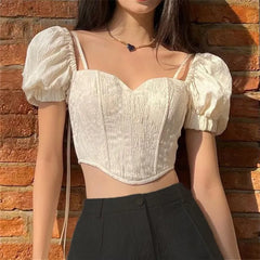 Short-Sleeve Sweetheart Neckline Plan Crop Corset Top