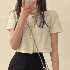 Short-Sleeve Round Neck Plain Blouse