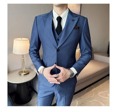 Set: Plain Single-Breasted Blazer + Vest + Straight Leg Dress Pants