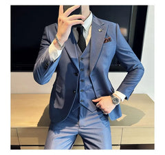 Set: Plain Single-Breasted Blazer + Vest + Straight Leg Dress Pants